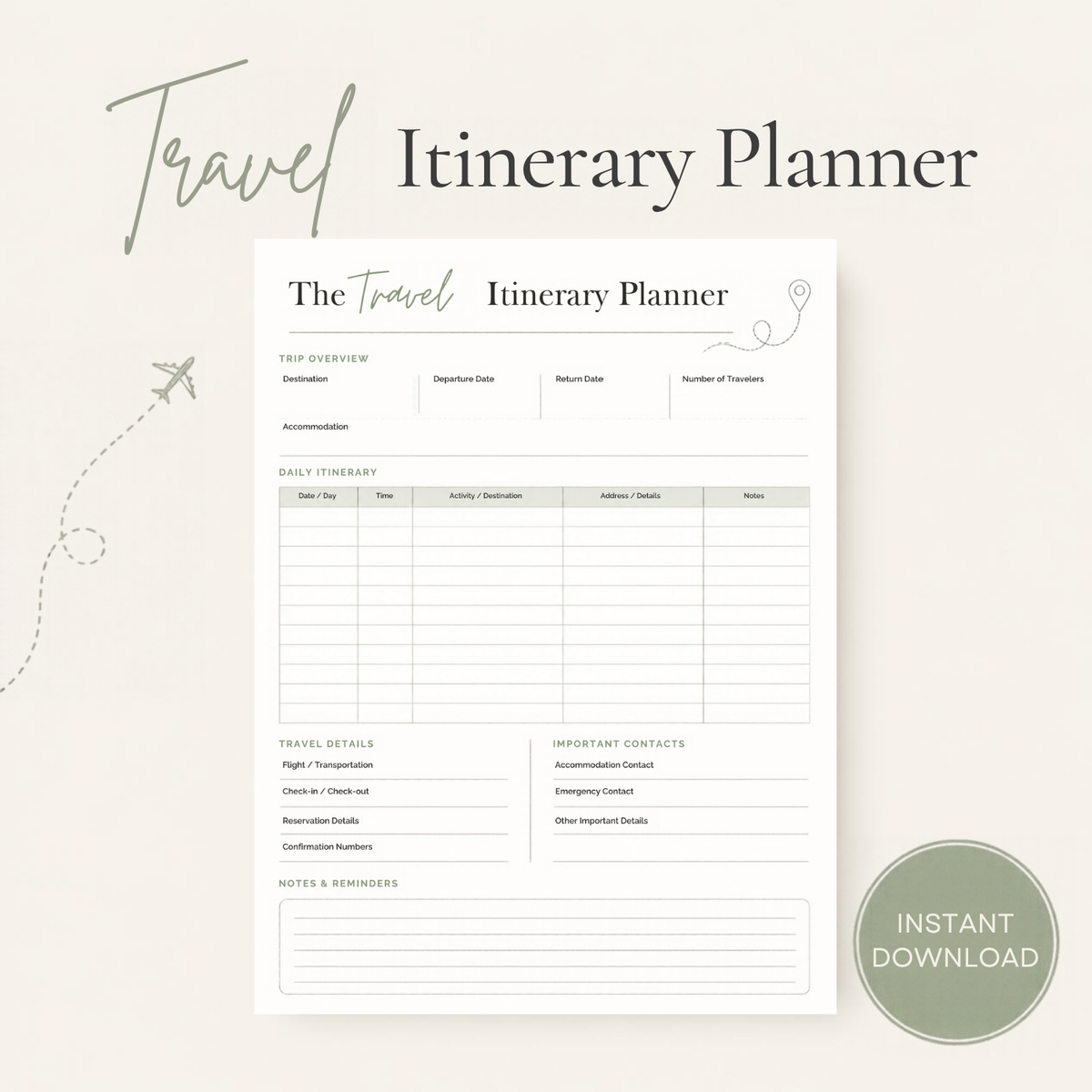 Travel Itinerary Planner Printable | Minimalist Trip Planner PDF